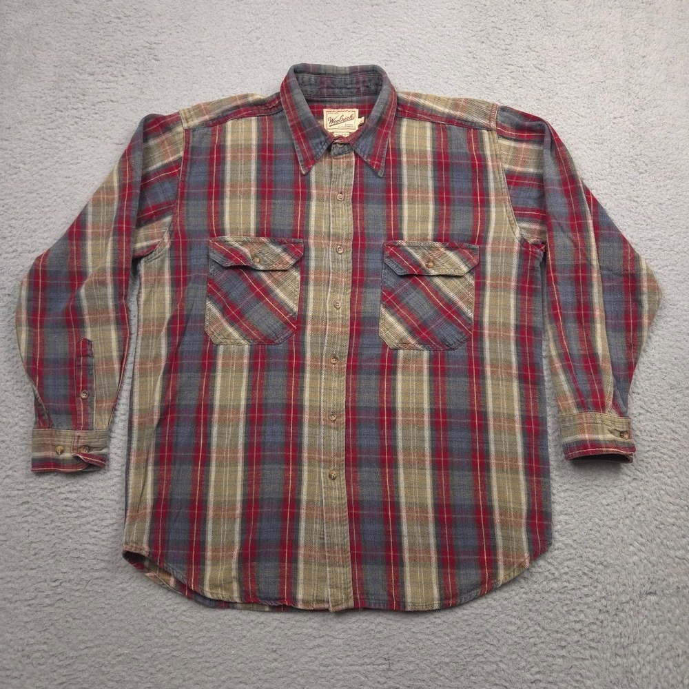 Woolrich Rugged Outdoorwear Men L Plaid Flannel Shirt Cotton Long Sleeve Holes